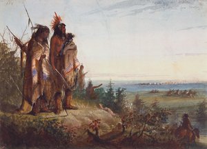 分水界を渡る、または喉が渇いたわな猟師が川に急ぐ、1837年頃（紙に水彩） 作： Alfred Jacob Miller