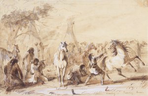 夕方、馬のピケ、1837年頃（紙に鉛筆、ウォッシュ、ガッシュ） 作： Alfred Jacob Miller