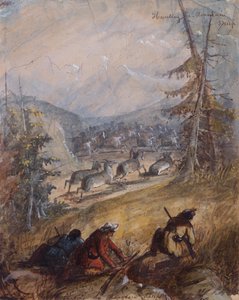 マウンテンシープの狩猟、1837年頃（紙に鉛筆、ペンとインク、水彩とグワッシュ） 作： Alfred Jacob Miller