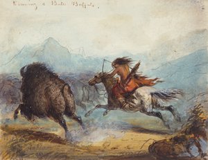 バッファローを走るインドの女性、1858〜60年頃（紙に水彩） 作： Alfred Jacob Miller