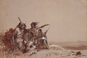 カンザスインディアンがトラッパーに語りかける、標識によるバッファローの移動、1837年頃（紙に鉛筆と茶色と黒のウォッシュ）