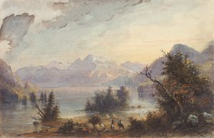 湖のシーン、ロッキー山脈、1837年頃（紙に水彩） 作： Alfred Jacob Miller
