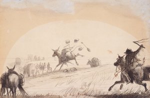 荷物を捨てるラバ、1837年頃（鉛筆、ペンとインク、紙の上で洗う） 作： Alfred Jacob Miller