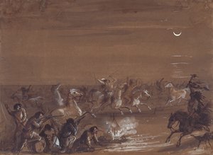 Blackfeetによるスタンピード、1837年頃（暗い紙にインク、ウォッシュ、ガッシュ） 作： Alfred Jacob Miller