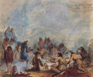 バッファローハンリブの食事での日の出、トラッパー、トラベラー、1837年頃（紙に水彩） 作： Alfred Jacob Miller