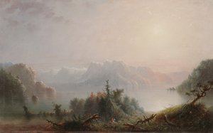 彼女の孤独な胸の湖が空に広がる、1850年頃（パネルに油彩） 作： Alfred Jacob Miller