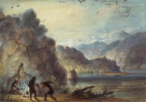 トラッパーの野営地、湖のシーン、ウィンドリバー山脈、1837年頃（紙に鉛筆、水彩、グワッシュ） 作： Alfred Jacob Miller