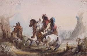 トラッパーとスネークインディアンがサインで会話、1837年頃（紙に鉛筆、水彩、グワッシュ） 作： Alfred Jacob Miller