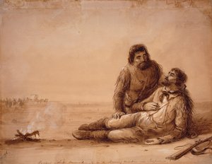 弾薬を持たず、インデペンデンス ロックの近くで飢餓状態にあるトラッパー、1850 年頃（紙にセピア色のウォッシュ） 作： Alfred Jacob Miller