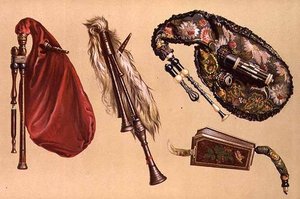バグパイプ：コルヌミューズ、カラブリアン、ミュゼットなど4本、「楽器」より（カラーリトグラフ 作： Alfred James Hipkins