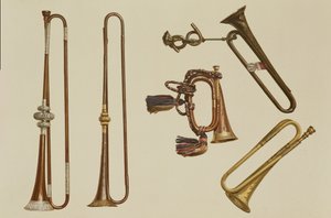 騎兵トランペット、ラッパ、ジョンハリスc.1730が製作した金箔トランペット、ウィリアムボールc.1680が製作したトランペットとシルバーマウントトランペット、「Musical Instruments」（色付きのリソ）
