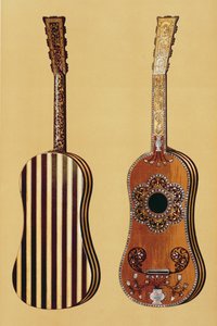 「Musical Instruments」（色付きのリソ）のマザーオブパールをはめ込んだギター 作： Alfred James Hipkins