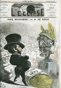 50億！？ナポレオン3世（1808-1873）の胸像とプロイセンへの50億円の融資を前にしたウジェーヌ・ルーエ（1814-1884）。アルフレッド・ル・プティの「日食」7月9日号の表紙 作： Alfred Le Petit
