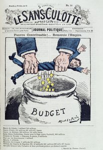Poor Taxpayer!....Thank the Empire」、第二帝政期（1852-70）の戦争費用を批判する漫画、「Le Sans Culotte」より。 作： Alfred Le Petit