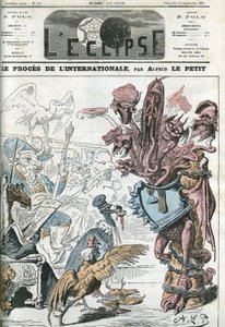 国際労働者協会のメンバーが逮捕されたことを受けて、ロンドンの一般評議会が行った国際裁判。A.ルプティの「日蝕」9月24日号の表紙 作： Alfred Le Petit