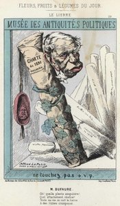 蔦。ジュール・アルマン（Jules-Armand）・デュフォーレ（1798-1881）が、「1830年憲章」と書かれたロール紙と、ルイ・フィリップ1世の頭が描かれた印鑑を囲む蔦の中にいる様子を描いた漫画。- 1871年4月3日の画像（「フランスの花、果物、野菜」にて 作： Alfred Le Petit