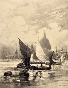 ロンドン橋の下のテムズ川（アクアチント 作： Alfred Louis Brunet Debaines