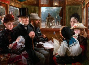 ピカデリー サーカスへのオムニバスに乗って一般の乗客と一緒に旅行するグラッドストーン氏、1885 年。 作： Alfred Morgan