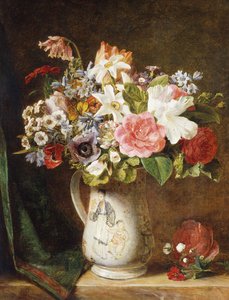 ドレープレッジの磁器タンカードにバラのチューリップと他の花 作： Alfred Morgan