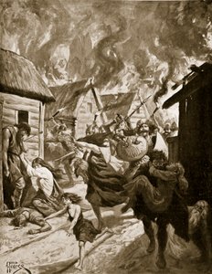 デンマーク人によって焼かれたカンタベリー、西暦851年、「ハッチンソンのイギリス国民の物語」のイラスト、1920年頃（リソ） 作： Alfred Pearse