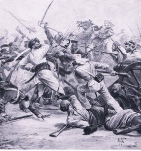 1857年8月2日、ナジャフガルでの反逆者のニコルソンの敗北、陸と海でのイギリスの戦い、1915年の図解 作： Alfred Pearse