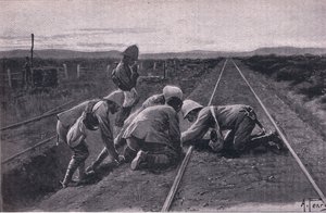 ブルームフォンテーンの北にある軍用鉄道を爆破する我が軍（リトグラフ 作： Alfred Pearse