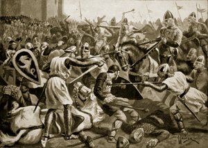 1106年、ティンチェブラルでロバートが囚人を捕らえた「ハッチンソンのイギリス国民の物語」、1920年頃のイラスト 作： Alfred Pearse