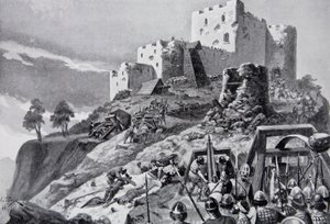 1095年、パウイの王子カドワン・アプ・ブレディンに率いられたウェールズ人のモンゴメリー城への攻撃（1923年頃の「Hutchinson