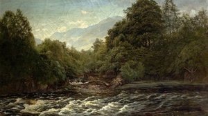 サーモンプール（スコットランドのスピアンのサーモンプール）、1880 作： Alfred Pizzey Newton