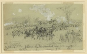 バーロウとギボンズはメカニックスビルの道路と沼の間を充電します 作： Alfred Rudolph Waud