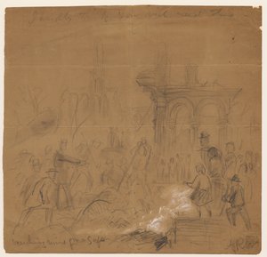 1871年のシカゴ火災後の遺跡の金庫の捜索（紙に鉛筆とチョーク） 作： Alfred Rudolph Waud
