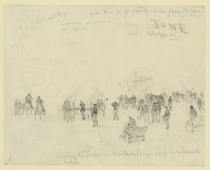 反乱軍の砲撃は、メカニックスビル橋を渡るチカホミーに働きかけます 作： Alfred Rudolph Waud