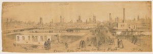 1871年のシカゴの火の間に東を見てエリーストリートブリッジからの眺め 作： Alfred Rudolph Waud