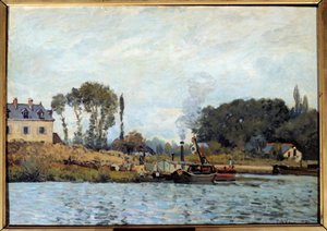 ブージヴァルの閘門に停泊中のボート アルフレッド・シスレー（1839-1899）の絵画 1873年 日。0.46x0.65 m パリ、オルセー美術館 作： Alfred Sisley