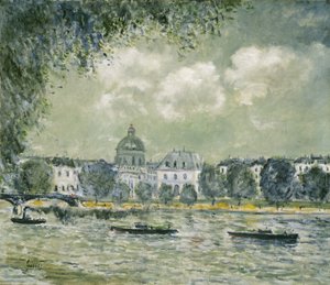 1875年頃、フランス国立研究所とポンデザールのあるセーヌ川沿いの風景 作： Alfred Sisley