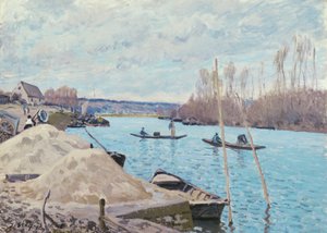 ポート マルリーのセーヌ川、砂の山、1875 年。 作： Alfred Sisley
