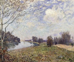 イーストモールジーのハンプトンコートにあるテムズ川。ラタミセハンプトンコート、イーストモレジー、1874 作： Alfred Sisley