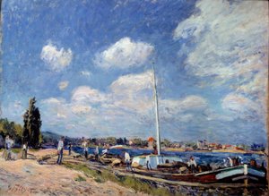 ビヤンクールでの船荷揚げ。アルフレッド・シスレー（1839-1899）の作品 作： Alfred Sisley