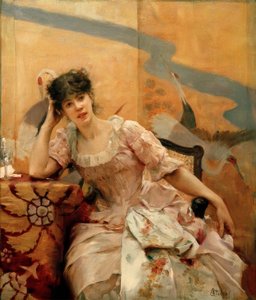 A.スティーブンス、若い女性と日本のスクリーン 作： Alfred Emile Stevens
