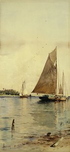 帆の乾燥、カキのボート、パッチョグ、ロングアイランド、 作： Alfred Thompson Bricher