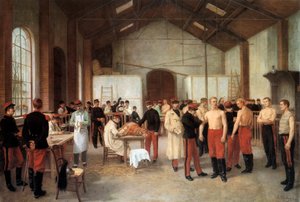 1900年頃、パリのヴァル・ド・グラース病院でのフランス将校の予防接種セッション（キャンバスに油彩） 作： Alfred Touchemolin