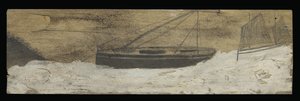 途切れ途切れの水に乗ったボート（パネルに鉛筆と油） 作： Alfred Wallis