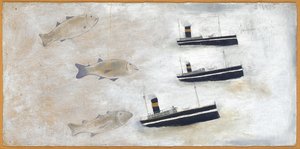 魚とトロール船（カードに鉛筆と油） 作： Alfred Wallis