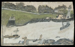 城と灯台のある港のシーン（カードに鉛筆と油） 作： Alfred Wallis
