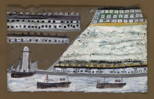 船と灯台、家（紙に鉛筆と油） 作： Alfred Wallis