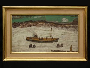 灯台と海岸の間の3隻の船、1930年頃（カードに油彩） 作： Alfred Wallis