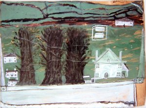 3本の木」「風景の中の白い家」（厚紙に油彩） 作： Alfred Wallis