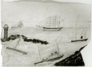 3隻の帆船、2隻の蒸気船、ゴッドレビー灯台、1935-38年頃（カードに油彩・鉛筆） 作： Alfred Wallis