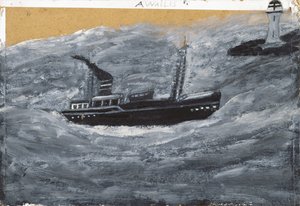 トロール船と桟橋（油彩・カード） 作： Alfred Wallis