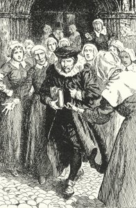 スコットランドの司祭ウィリアムアナンドは、1637年にセントジャイルズ大聖堂の新しい祈祷書から説教したとしてエジンバラの女性たちに非難されました 作： Alfred Wallis Mills